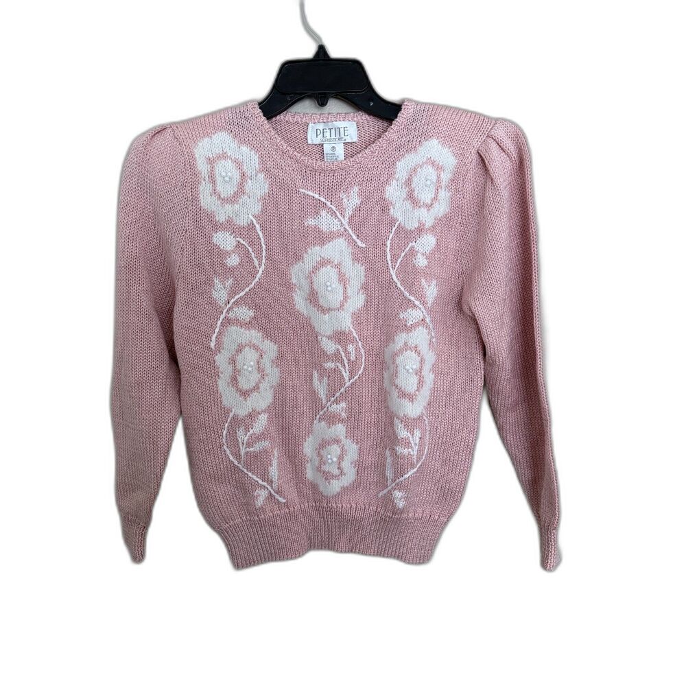Vintage Petite Sophisticate Floral‎ Pearl Knit Sweater Pink Coquette 4P